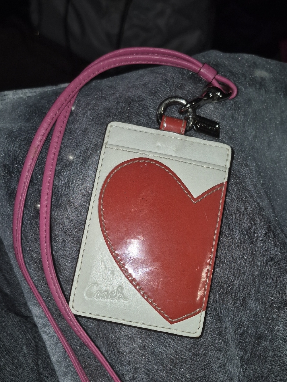 Coach Lanyard Card Holder with Red Heart and Pink Strap Silvertone Hardware